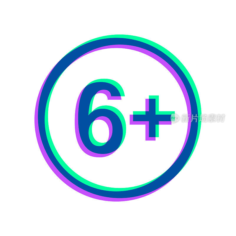 6+ 6+标志-年龄限制。图标与两种颜色叠加在白色背景上
